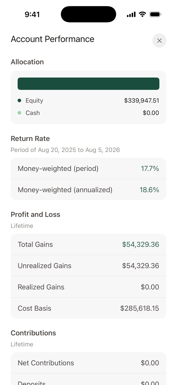 The Account Performance sheet, showing allocation, return rate, profit and loss, and contributions.