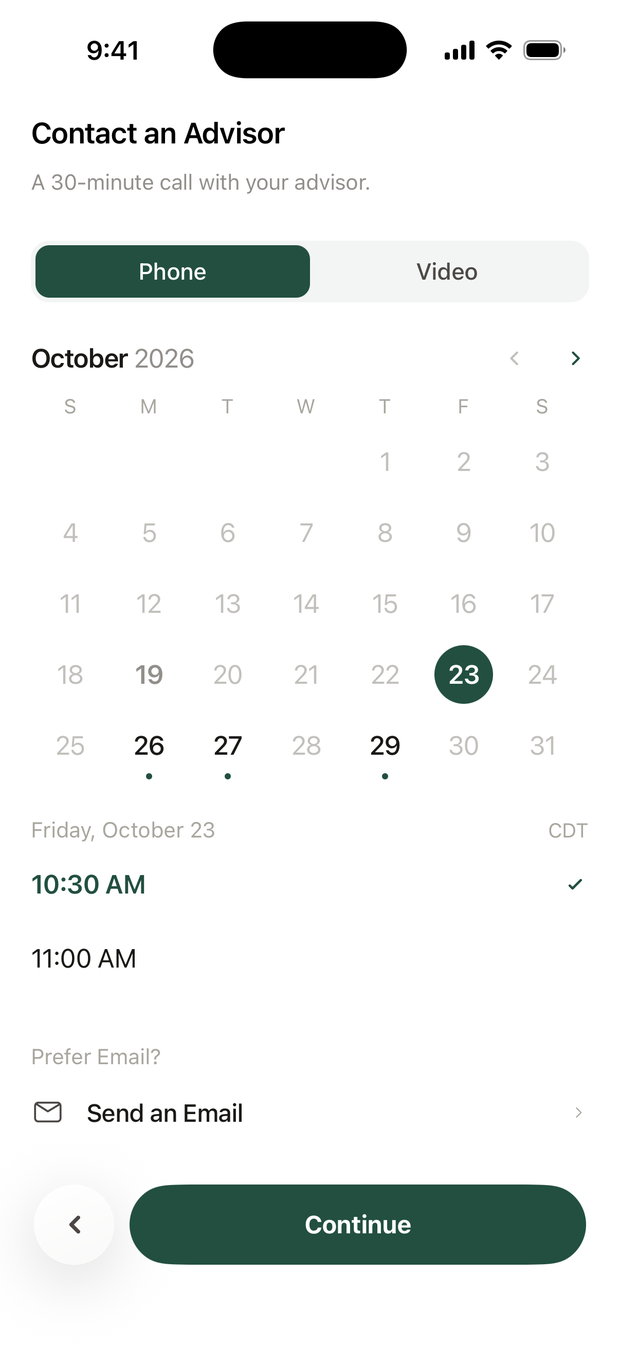 Contact an Advisor: a 30-minute call, Phone selected, a calendar with Friday October 23 chosen, and the 10:30 AM time ticked.