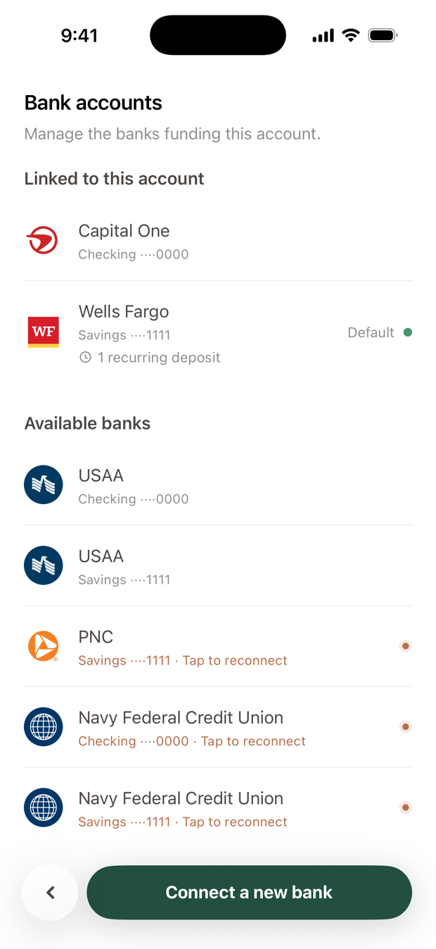 Banks linked to the account, and other available banks.