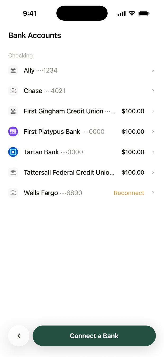 Bank Accounts, with a Wells Fargo row showing Reconnect where its balance would be picked out.