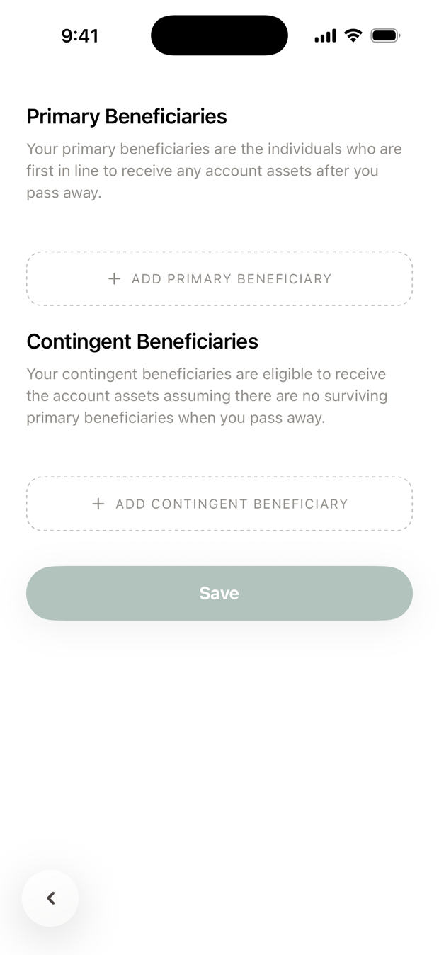 Primary and contingent beneficiary sections, each with an add button.