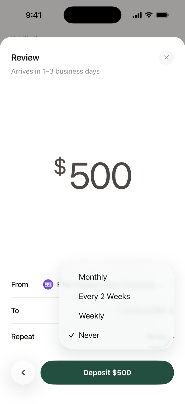 The Repeat menu open on the review: Monthly, Every 2 Weeks, Weekly, and Never, which is ticked.