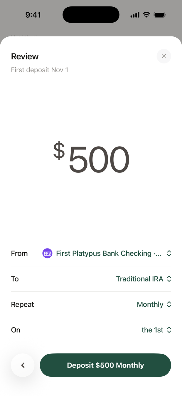 The review with Repeat set to Monthly, On the 1st, First deposit Nov 1, and a Deposit $500 Monthly button.