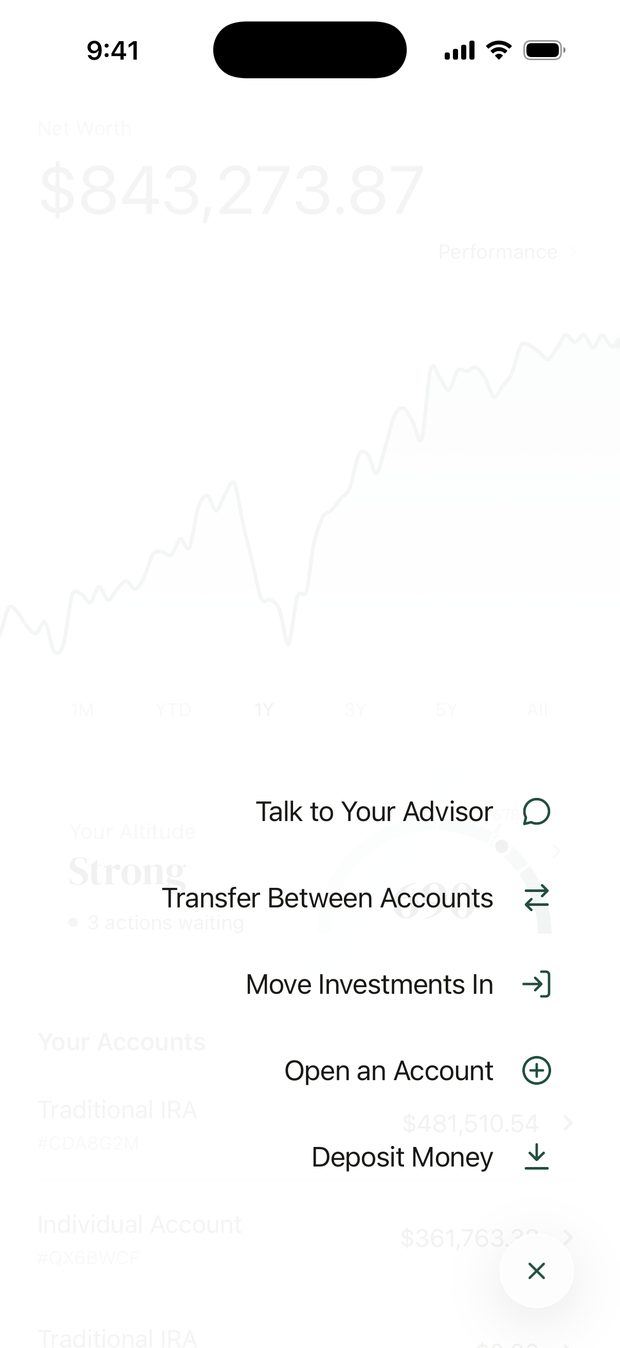 The home screen's + menu open: Talk to Your Advisor, Transfer Between Accounts, Move Investments In, Open an Account, and Deposit Money.