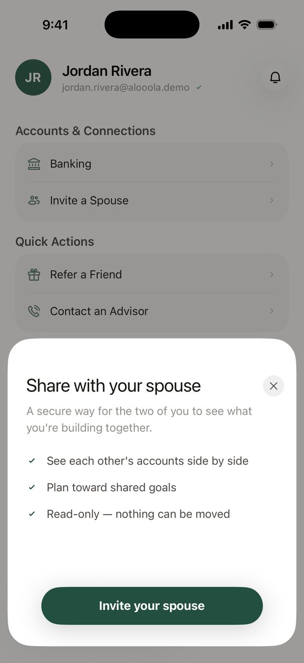 The Share with your spouse panel, listing what sharing does, with an Invite your spouse button.