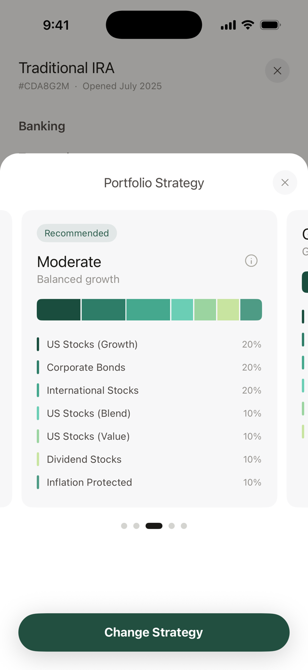 The Moderate strategy, marked recommended, with its target allocation.
