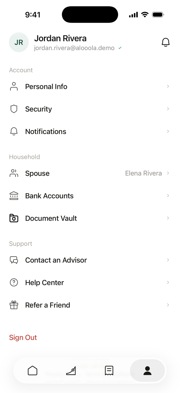 The profile screen, with the Bank Accounts row under Household picked out.