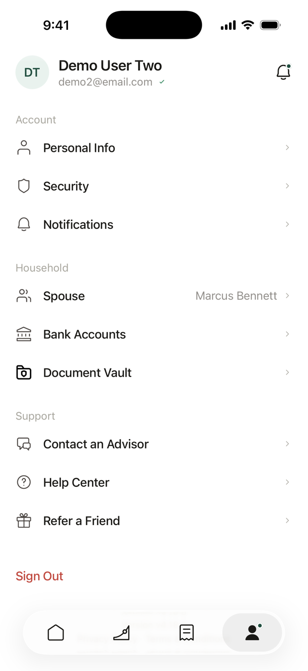 The profile screen: Account with Personal Info, Security and Notifications; Household with Spouse, Bank Accounts and Document Vault; Support with Contact an Advisor, Help Center and Refer a Friend; and Sign Out. The Account rows are picked out.