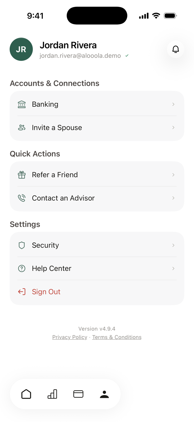 The profile screen, with the Invite a Spouse row under Accounts and Connections picked out.