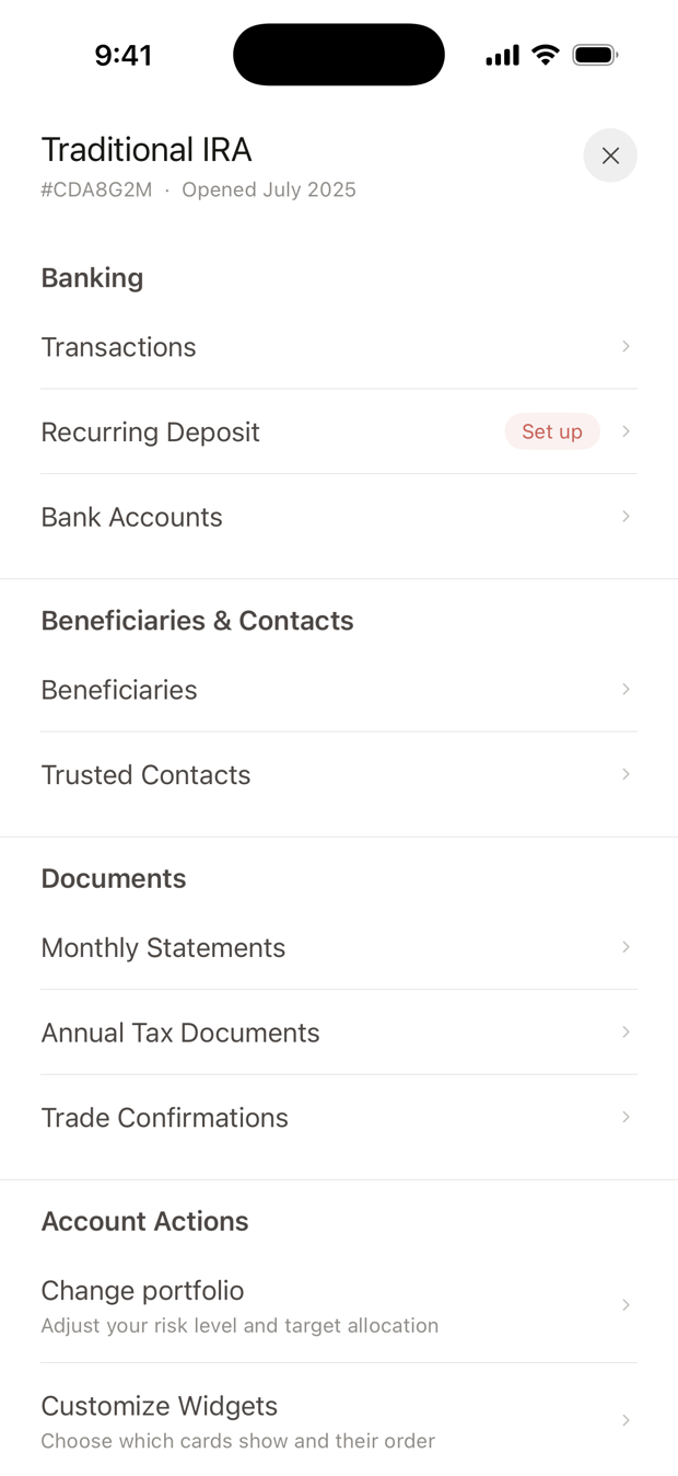 Account settings, with the Beneficiaries row picked out.
