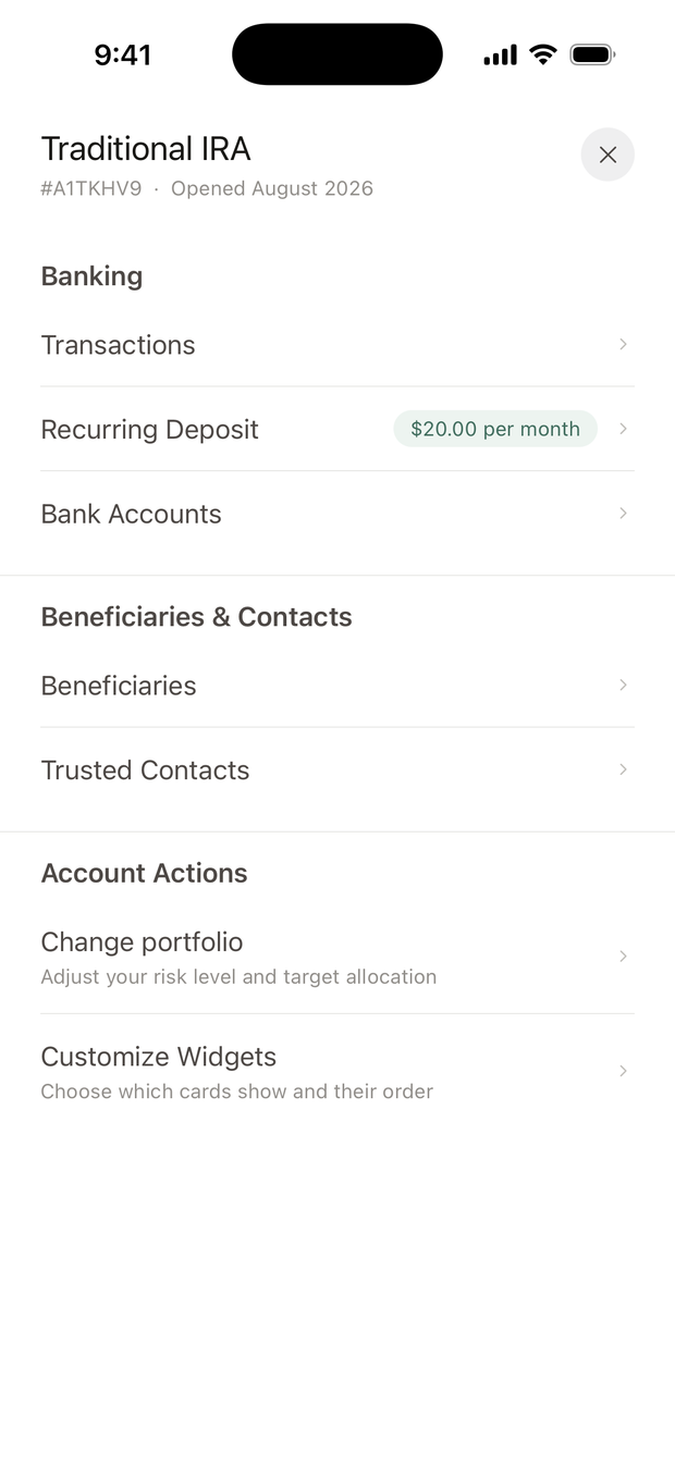 Account settings for a Traditional IRA, with the Recurring Deposit row, showing $20.00 per month, picked out.