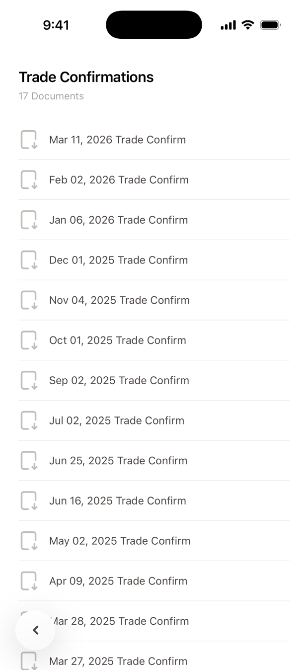 A dated list of trade confirmations, each with a download icon.