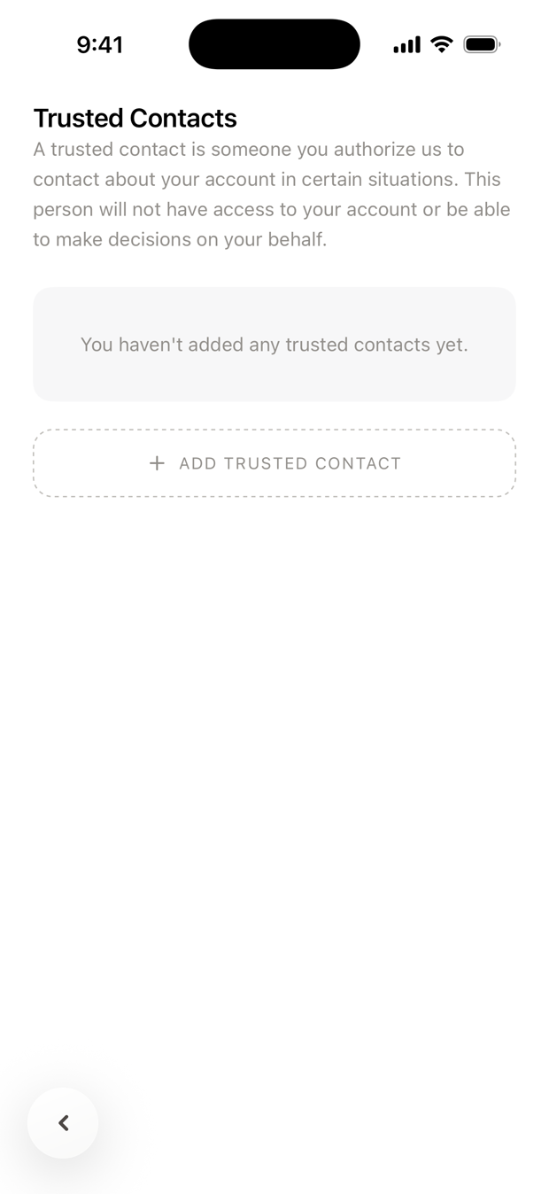 The trusted contacts screen, with an add button.