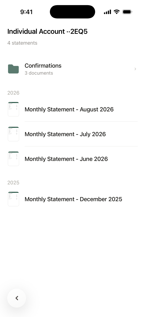 An account's folder: a Confirmations row, then monthly statements grouped by year.