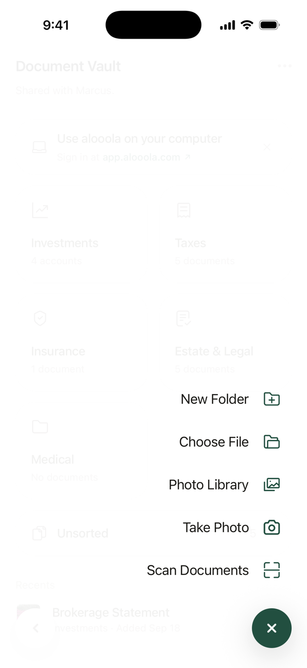 The plus button open, offering New Folder, Choose File, Photo Library, Take Photo and Scan Documents.