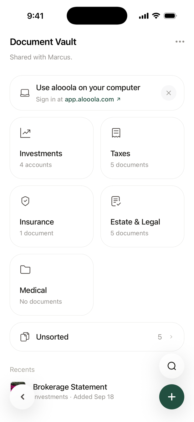 The Document Vault, with the Investments folder picked out.