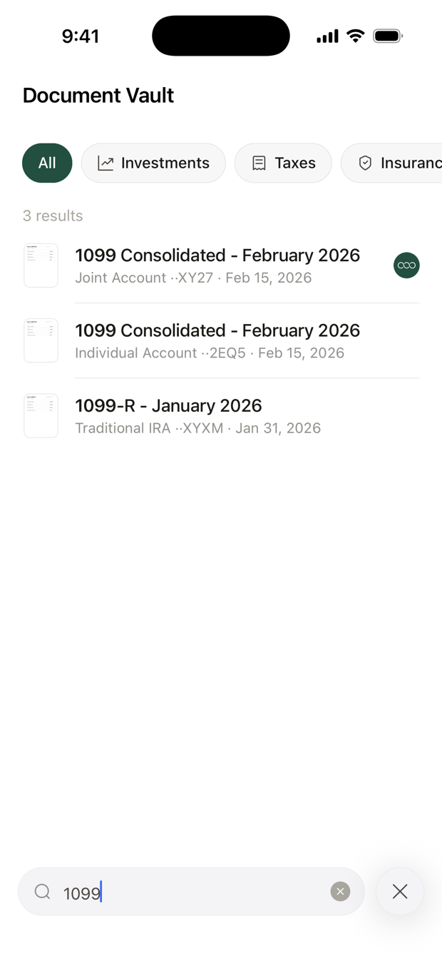 Search results for 1099: three tax forms, each with its account and date, under folder buttons.