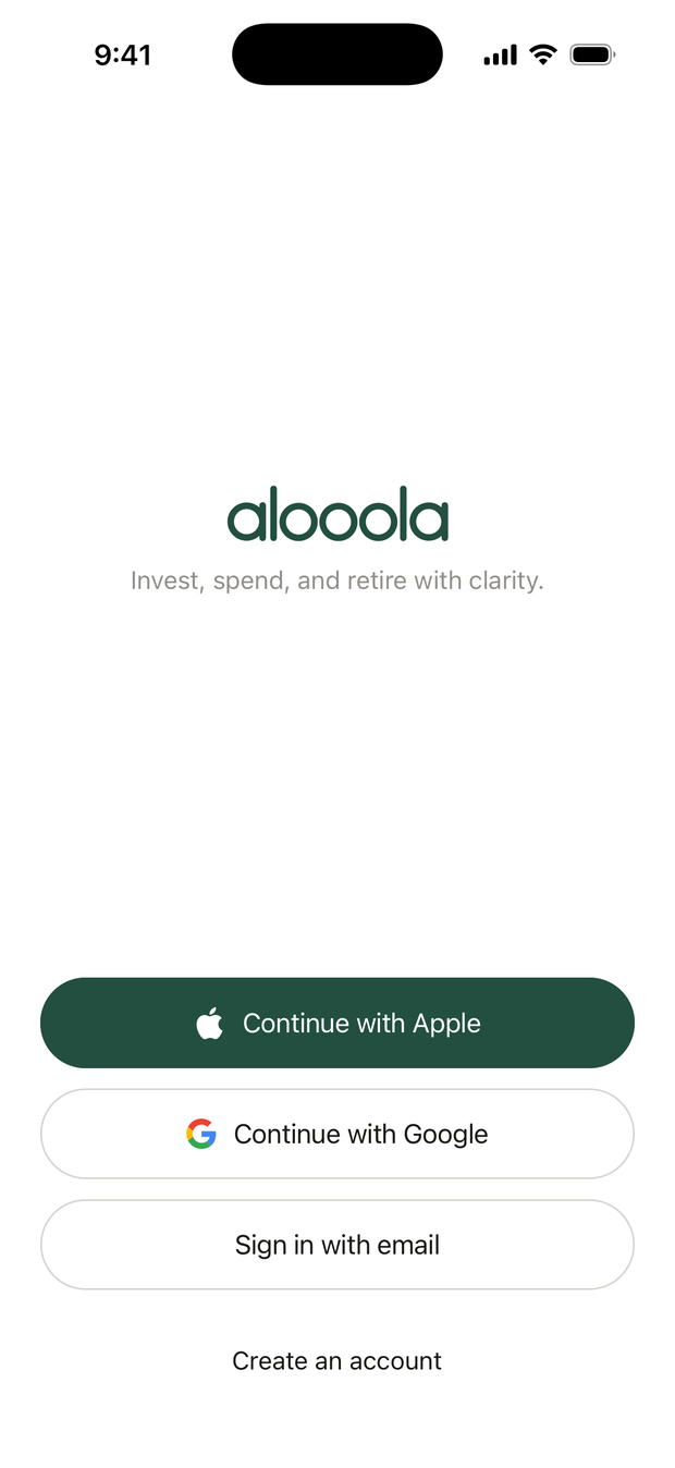 The alooola welcome screen, with Continue with Apple, Continue with Google, Sign in with email, and Create an account picked out.