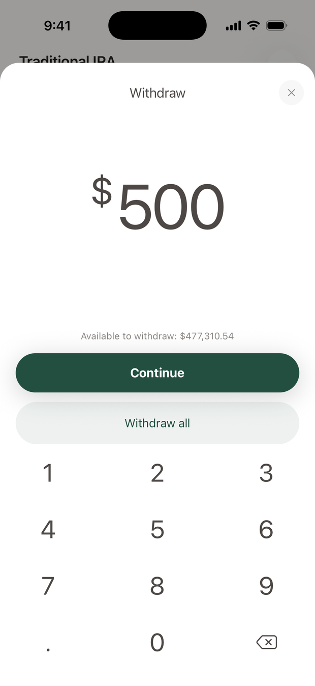 The Withdraw amount screen: $500 entered, the amount available to withdraw, a Continue button, and Withdraw all.